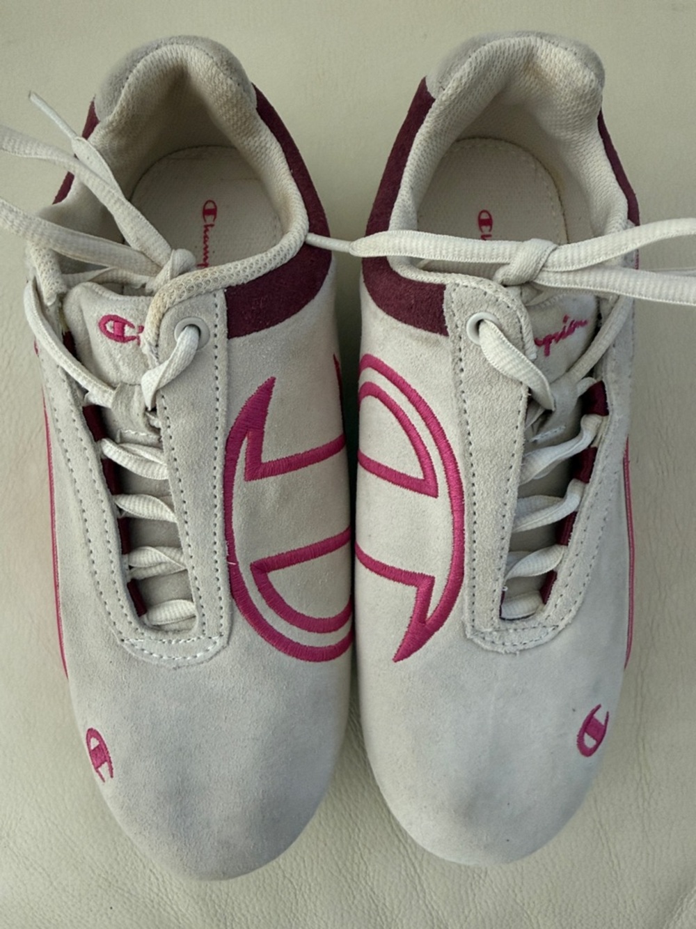 Champion White and Pink Low-Top Suede Sneakers